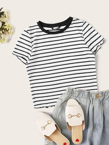 Ribbed Striped Lettuce-Edge Cropped Tee - takostyle