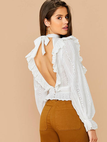 Tied Open Back Ruffle Trim Schiffy Top - takostyle