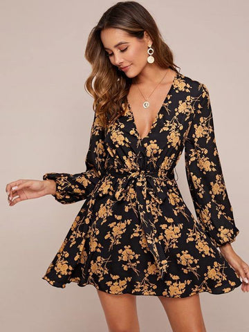 Plunging Neck Floral Print Lantern Sleeve Dress - takostyle