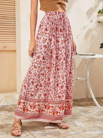 Floral Print Drawstring Waist Maxi Skirt - takostyle