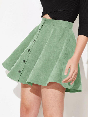 Button Up Flare Cord Skirt - takostyle