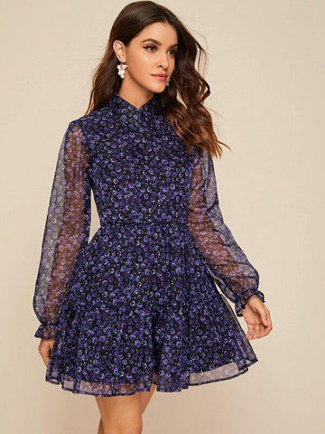 Ditsy Floral Mesh Panel Flounce Sleeve Dress - takostyle