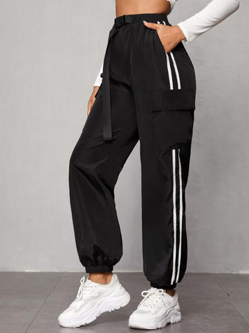 Flap Pocket Striped Side Push Buckle Belted Windbreaker Joggers - takostyle