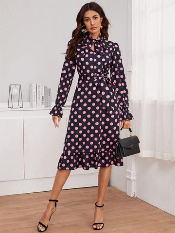 Tie Neck Ruffle Hem Belted Polka-dot Dress - takostyle