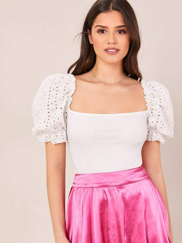 Embroidered Eyelet Puff Sleeve Fitted Top - takostyle