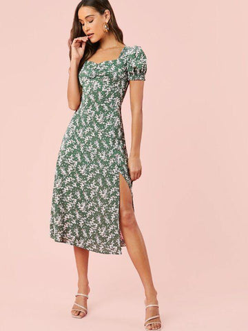 Puff Sleeve Ruched Front Split Thigh Ditsy Floral Dress - takostyle