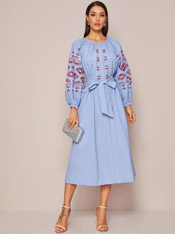 Lantern Sleeve Embroidered Belted Dress - takostyle
