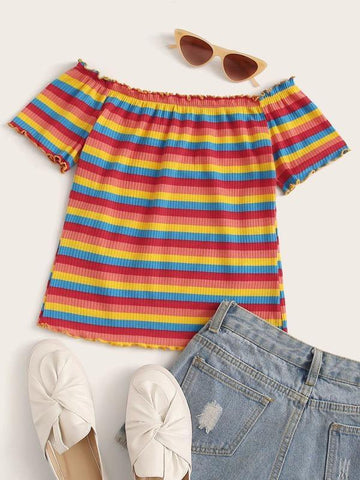 Lettuce Edge Rainbow Striped Rib-knit Tee - takostyle