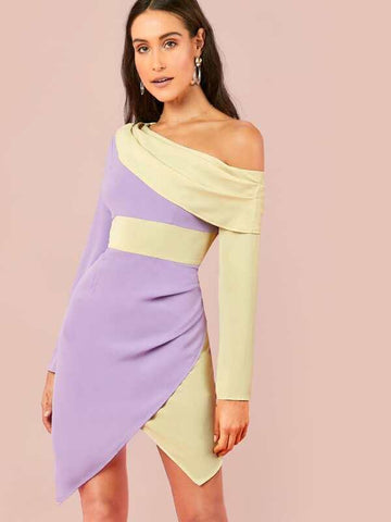 Asymmetrical Neck Ruched Detail Wrap Hem Two Tone Dress - takostyle