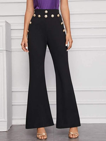 Zipper Side Gold Button Detail Flare Leg Pants - takostyle