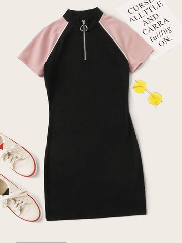 Mock Neck Contrast Raglan Sleeve Half Zipper Placket Dress - takostyle