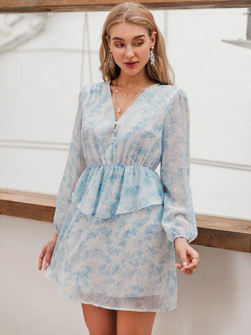 Simplee Button Front Bishop Sleeve Floral Ruffle Dress - takostyle