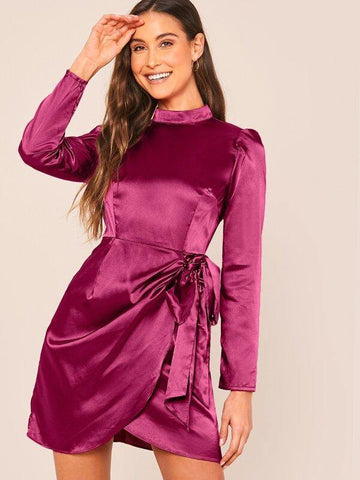 Mock-Neck Wrap Tie Side Satin Dress - takostyle