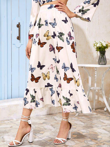 Ruffle Hem Butterfly Print Skirt - takostyle