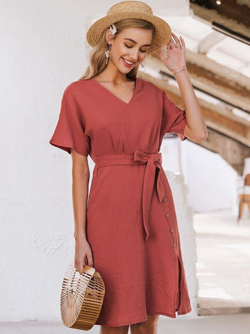 Simplee Belted Button Front Crinkle Dress - takostyle