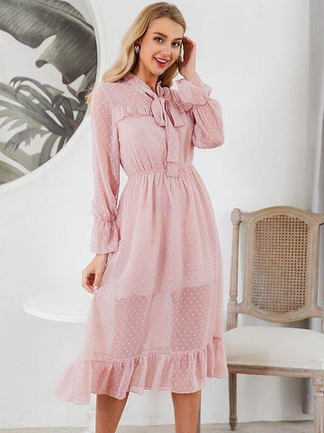 Simplee Tie Neck Swiss Dot Ruffle Hem Dress - takostyle