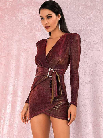 LOVE&amp;LEMONADE Surplice Wrap Belted Glitter Dress - takostyle