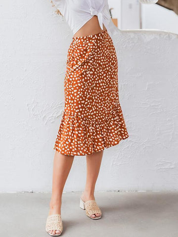 Simplee Ruffle Hem Allover Print Skirt - takostyle