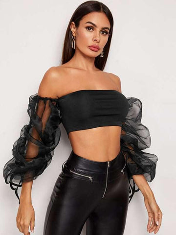 Off Shoulder Sheer Drawstring Lantern Sleeve Crop Top - takostyle