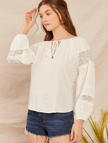 Long Sleeve Lace Trim Tied Peasant Blouse - takostyle