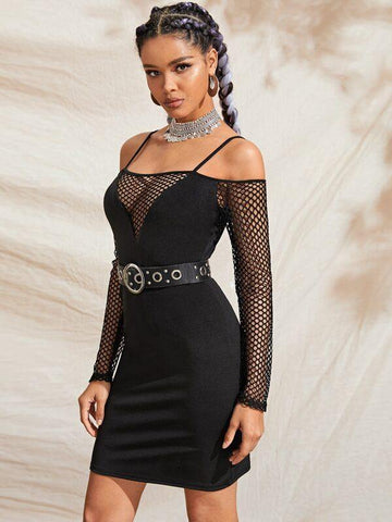Contrast Fishnet Cold Shoulder Dress Without Belted - takostyle