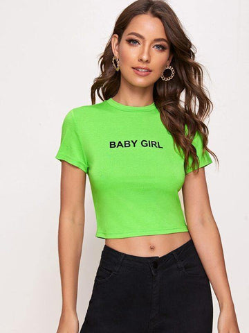 Neon Green Slogan Graphic Crop Tee - takostyle