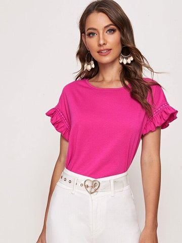 Ruffled Short Sleeve Lace Insert Top - takostyle