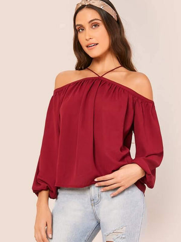 Lantern Sleeve Halter Cold Shoulder Top - takostyle