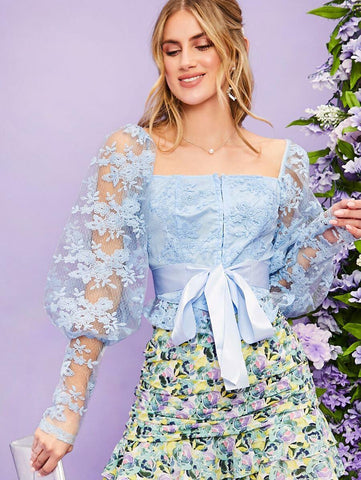 Leg-of-mutton Sleeve Ribbon Tie Front Embroidered Mesh Overlay Top - takostyle