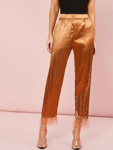 Faux Feather Hem Pleated Satin Pants - takostyle
