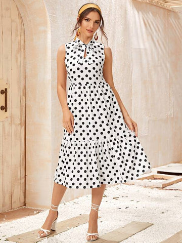 Polka Dot Tie Neck A-line Dress