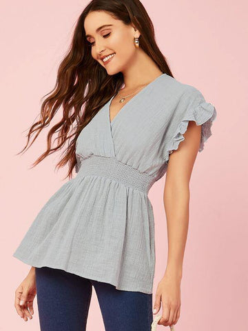 Ruffle Short Sleeve Smocked Waist V-Neck Top - takostyle