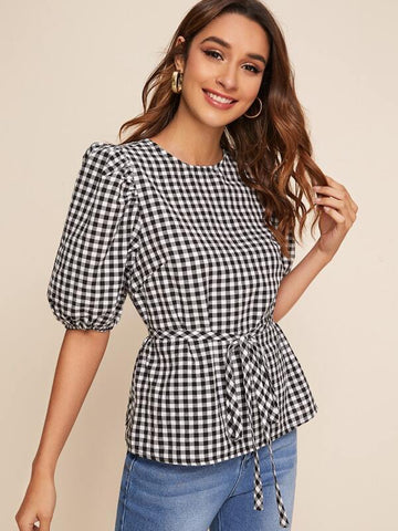 Puff Sleeve Belted Gingham Top - takostyle