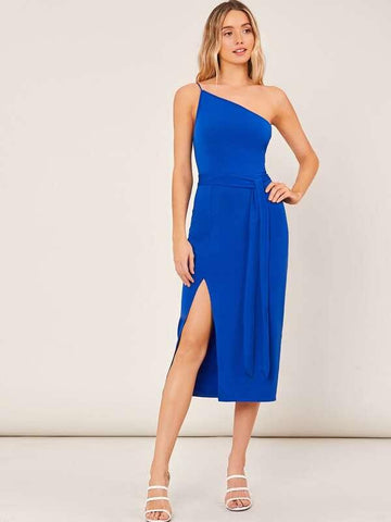 One Shoulder Self Belted Split Thigh Dress - takostyle