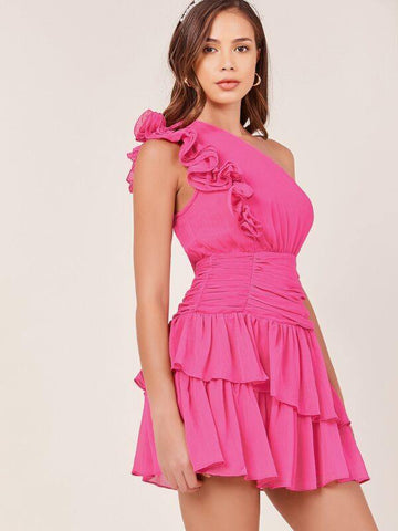 Ruffle One Shoulder Sleeveless Ruched Mini Dress - takostyle
