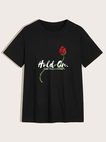 Men Slogan & Rose Print Tee