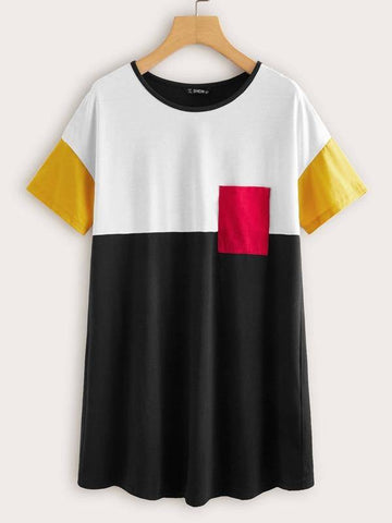 Pocket Patched Colorblock Tee Dress - takostyle