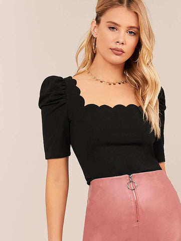 Scallop Trim Puff Sleeve Top - takostyle