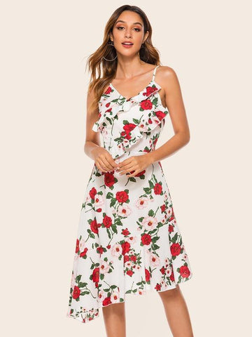 Ruffle Trim Asymmetrical Hem Cami Dress - takostyle