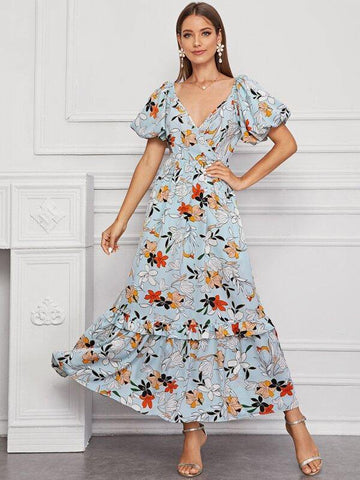 Floral Print Bishop Sleeve A-line Dress - takostyle