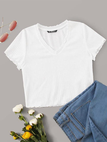V-neck Lettuce Trim Rib-knit Tee - takostyle