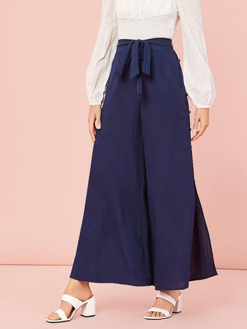 Split Hem Belted Palazzo Pants - takostyle