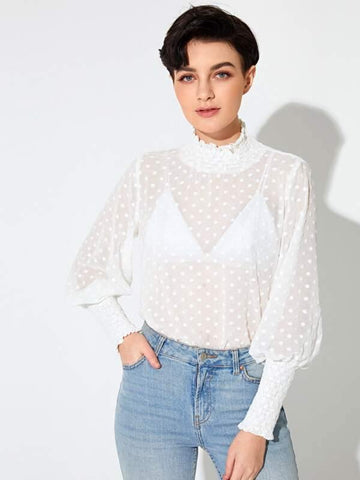 Shirred Panel Lantern Sleeve Swiss Dot Top Without Bra - takostyle