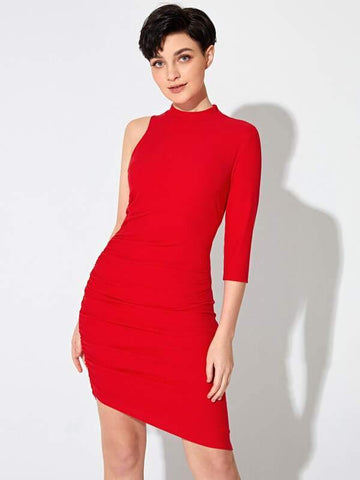 One Sleeve Ruched Rib-knit Solid Dress - takostyle