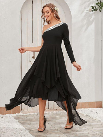 One Shoulder Contrast Sequin Panel Hanky Hem Dress - takostyle