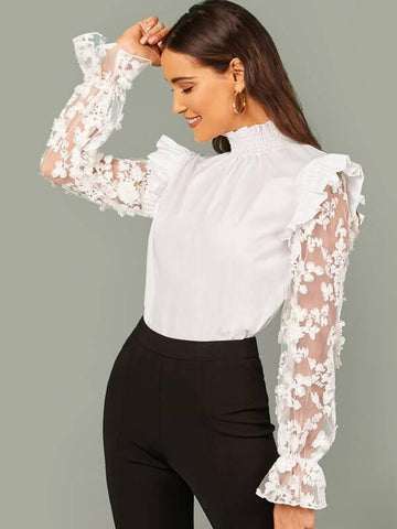 Shirred Neck Embroidered Mesh Sleeve Ruffle Trim Top - takostyle