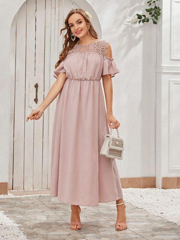 Cold Shoulder Sheer Lace Yoke Flare Dress - takostyle