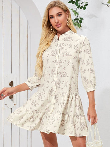 Floral Print Ruffle Hem Shirt Dress