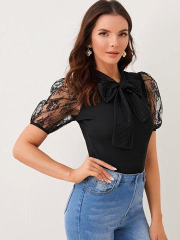Tie Neck Lace Puff Sleeve Top - takostyle