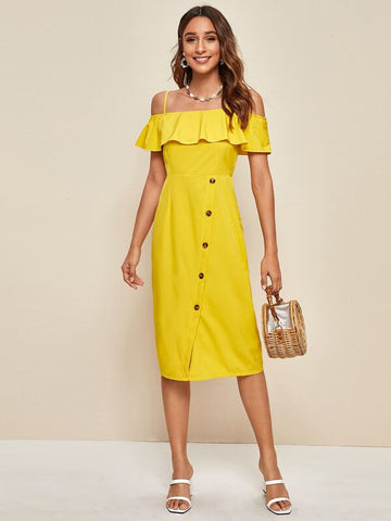 Ruffle Open Shoulder Oblique Button Fitted Dress